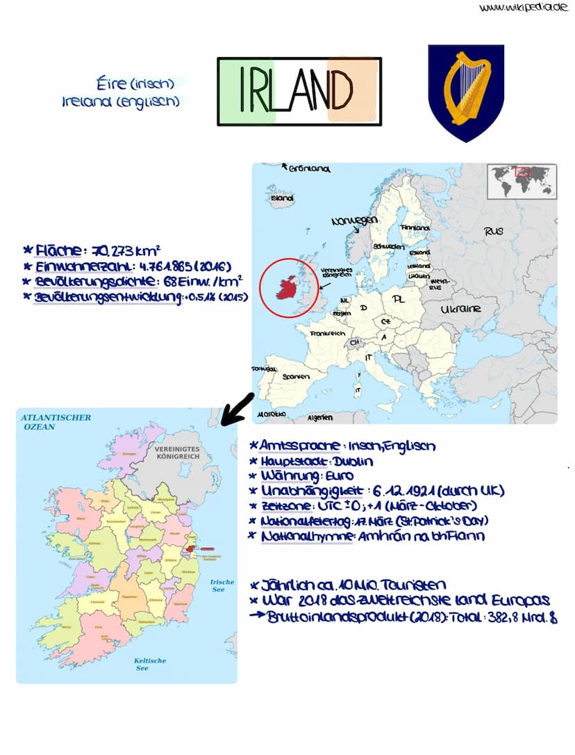 Eire (inisch)
Ireland (englisch)
*Fläche: 70.273 km²
* Einwohnerzahl: 4.764.865 (2016)
* Bevölkerungsdichte: 68 Einw./km²
* Bevölkerungsentw