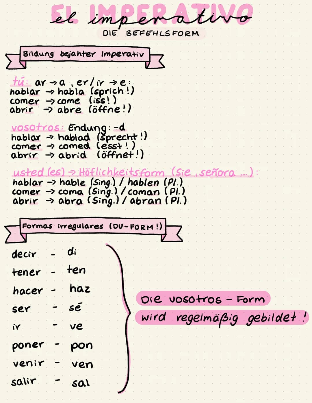 Bildung bejahter Imperativ
el imperativo
FORM
tu: ar →a er/ir →e:
hablar → habla (sprich!)
comercome (iss!)
abrir → abre (öffne!)
vosotros E