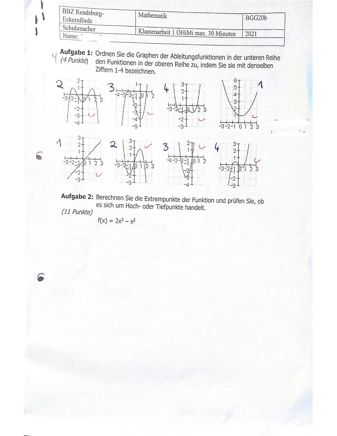 BBZ Rendsburg-
Eckernförde
Schuhmacher
Name:
& №.
Mathematik
01
Klassenarbeit 1 OHiMi max. 30 Minuten
Aufgabe 1: Ordnen Sie die Graphen der 