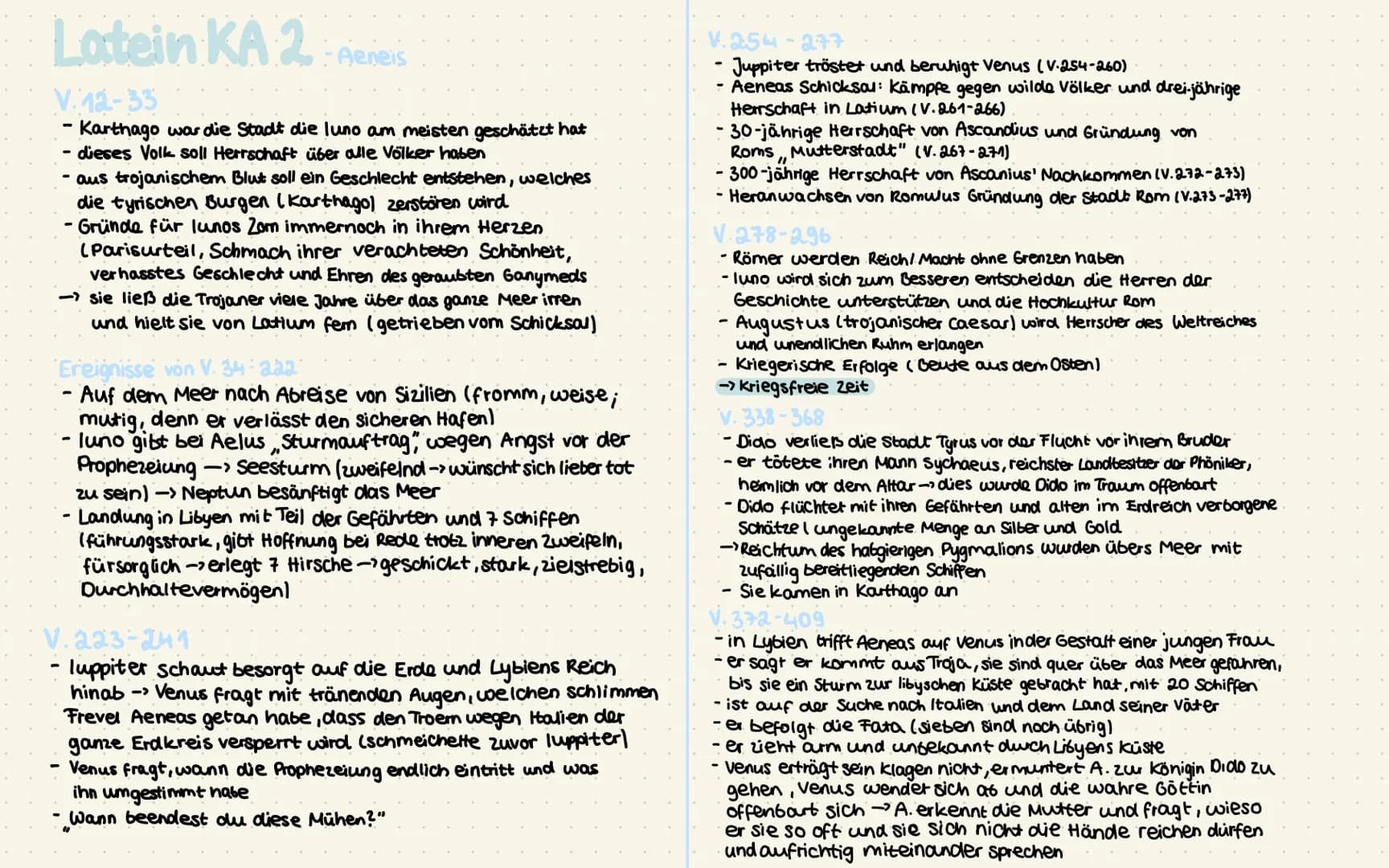 Latein KA 2
V.12-33
- Karthago was die Stadt die luno am meisten geschätzt hat
dieses Volk soll Herrschaft über alle Völker haben
Aeneis
- a