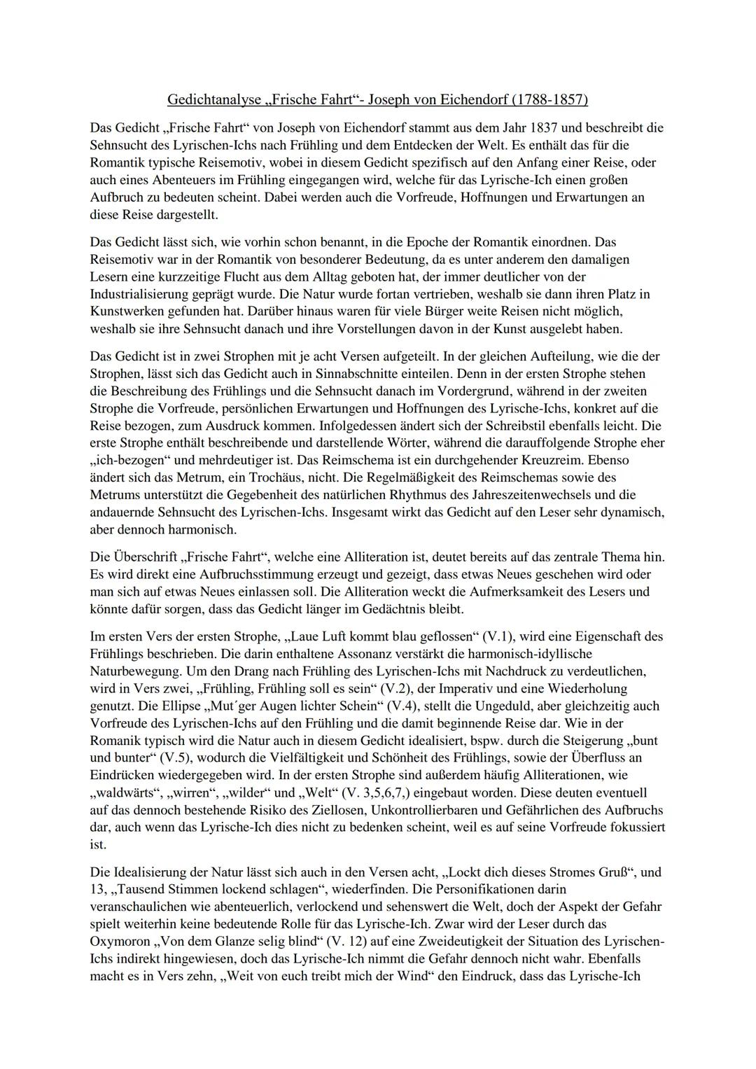 Gedichtanalyse „Frische Fahrt"- Joseph von Eichendorf (1788-1857)

Das Gedicht, Frische Fahrt" von Joseph von Eichendorf stammt aus dem Jahr