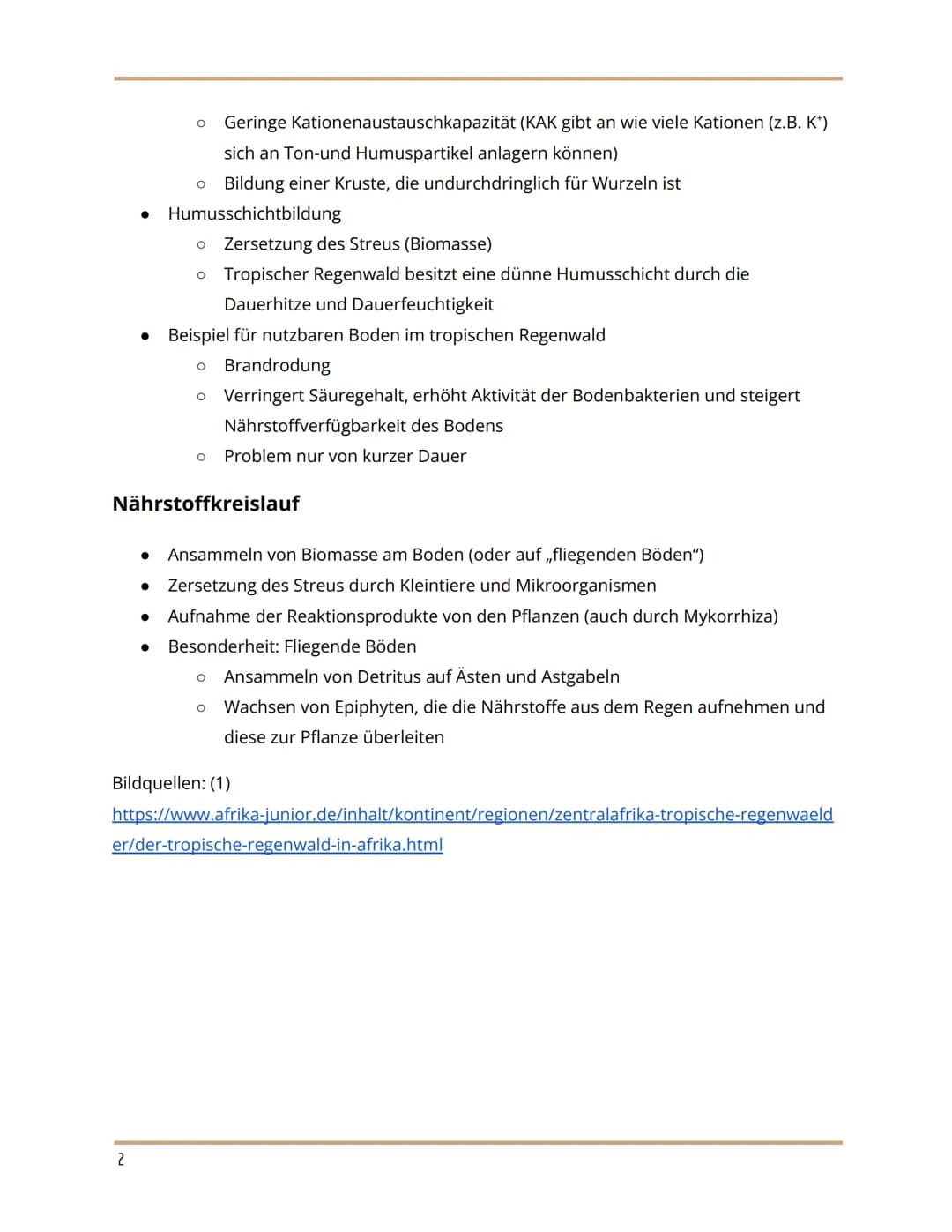 Geografie
Handout Vegetation, Boden und Nährstoffkreislauf
im tropischen Regenwald
Vegetation
Der tropische Regenwald ist die dichteste und 