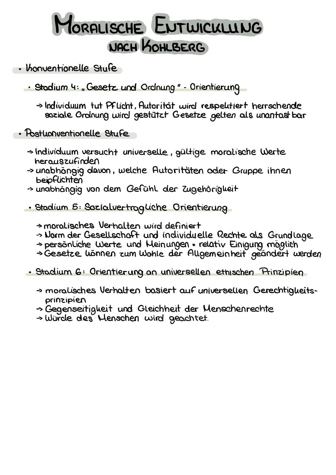 MORALISCHE ENTWICKLUNG
NACH KOHLBERG
●
Stadium 6
Postkonrentionell
Gundnatzm
Stadium 5
Stadium 4
Stadium 3
Stadium Z
Stadium 6: Gewissens- u