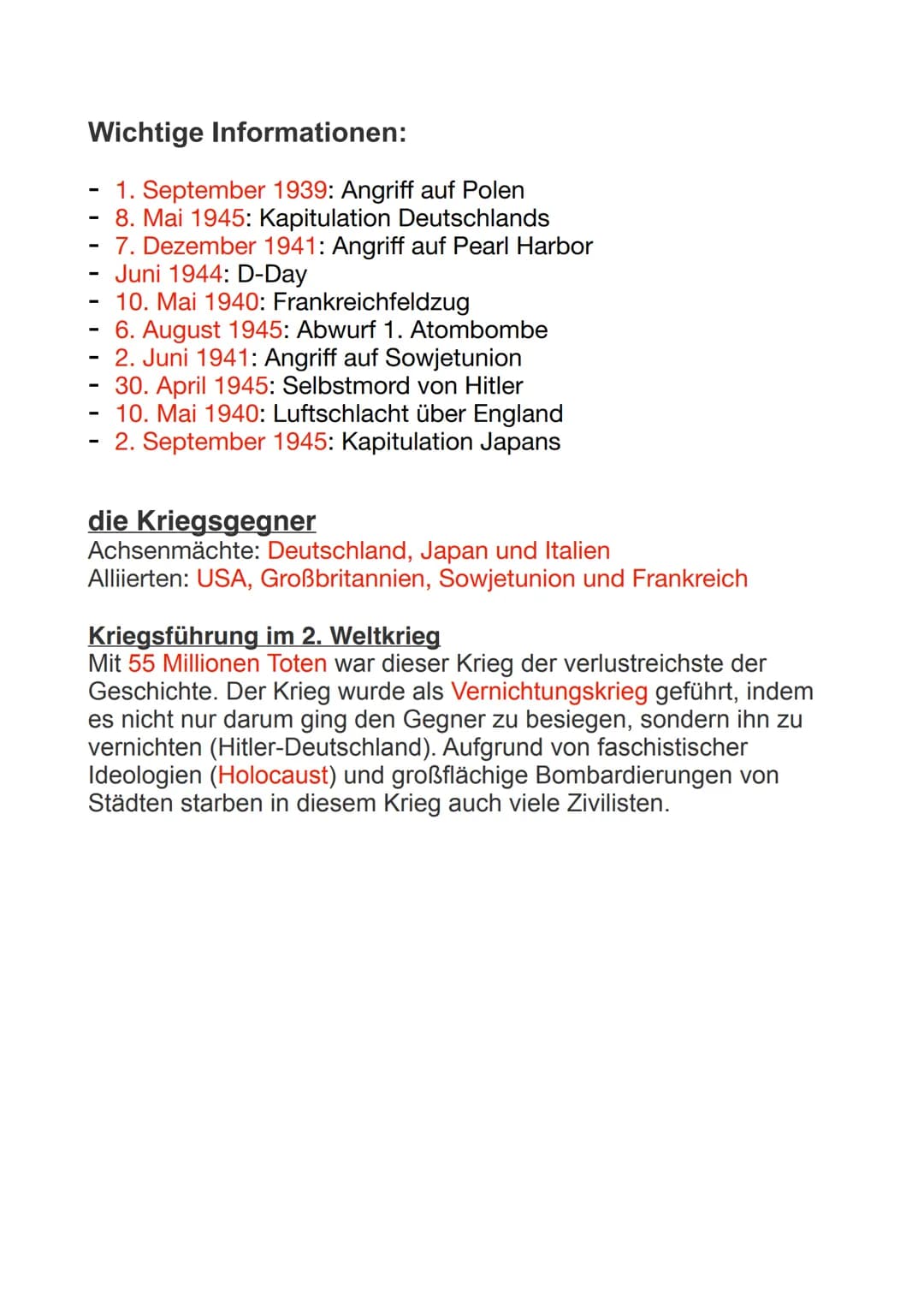 2. Weltkrieg: Zusammenfassung für Schüler - Verlauf, Beginn, Ende und wichtige Ereignisse