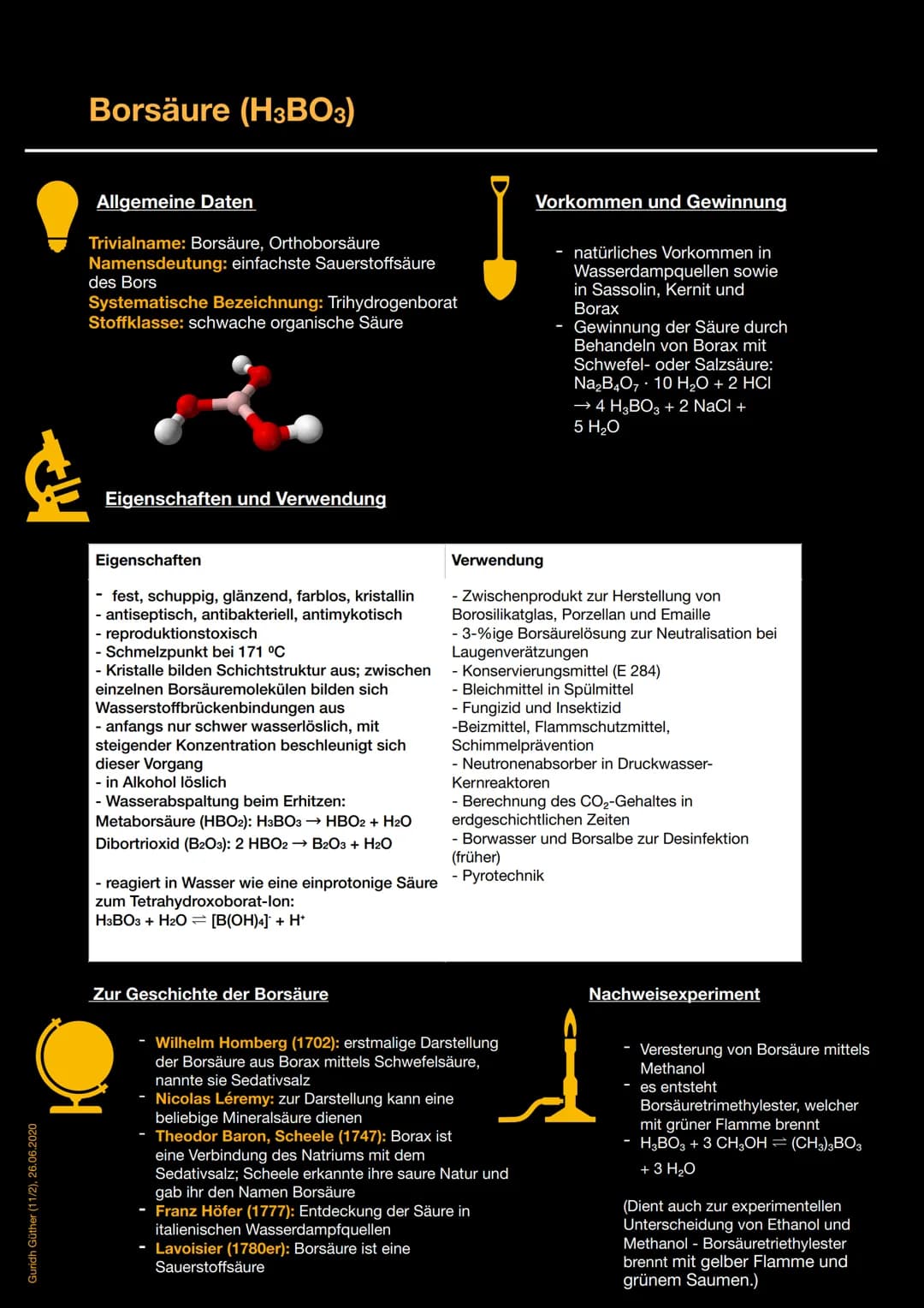 Guridh Güther (11/2), 26.06.2020
Borsäure (H3BO3)
Allgemeine Daten
Trivialname: Borsäure, Orthoborsäure
Namensdeutung: einfachste Sauerstoff