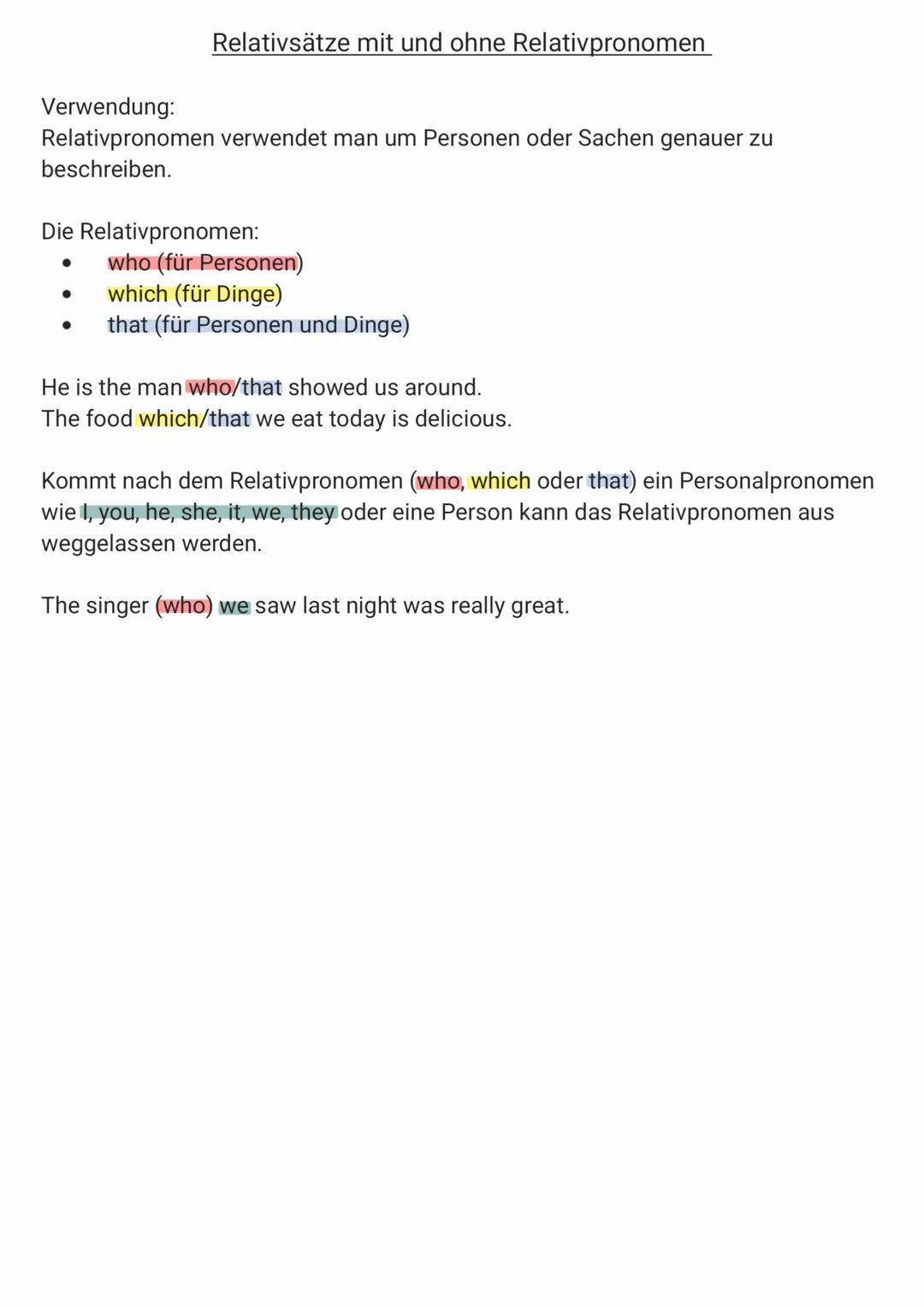 # Relativsätze mit und ohne Relativpronomen

Verwendung:
Relativpronomen verwendet man um Personen oder Sachen genauer zu
beschreiben.

Die 