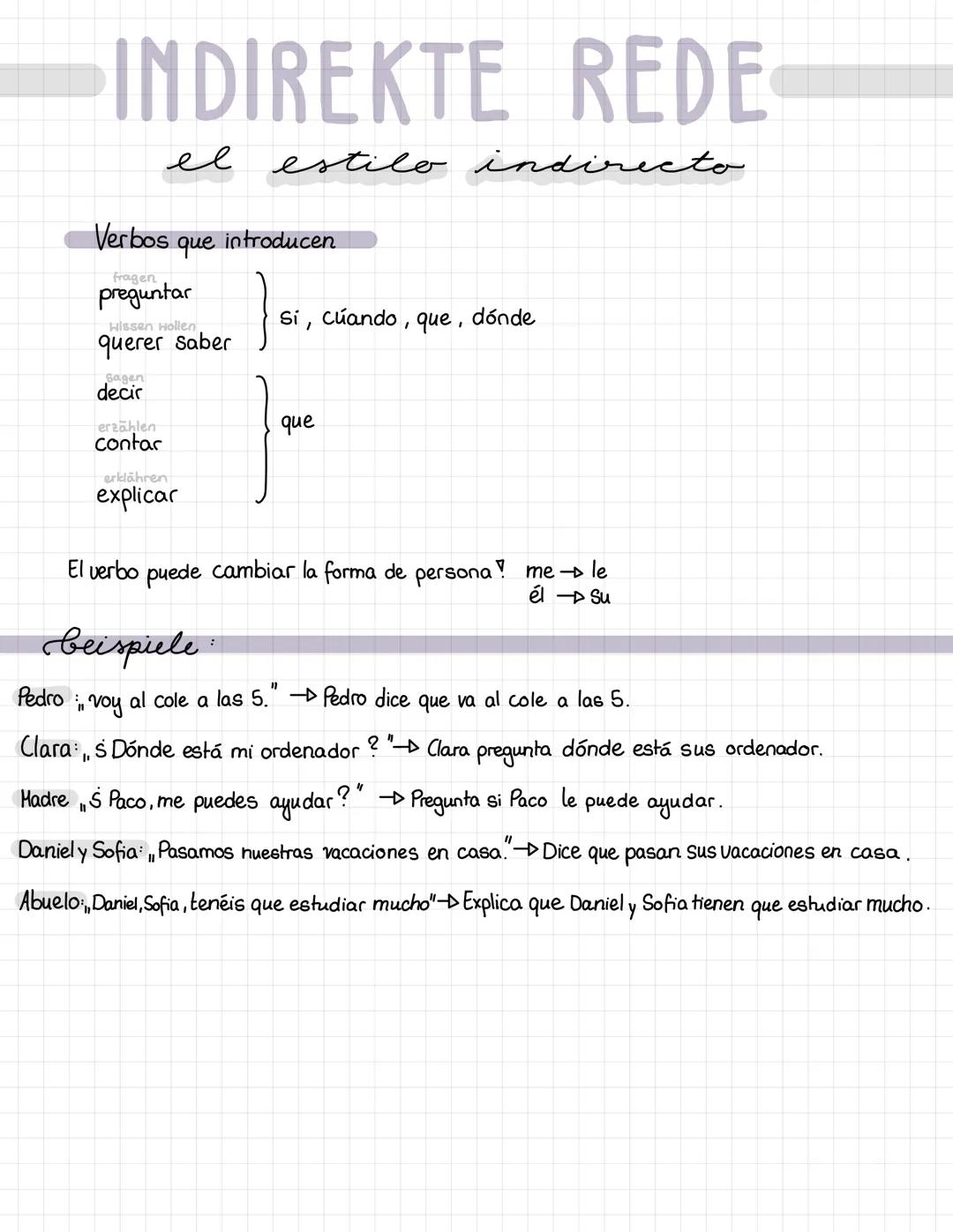 # INDIREKTE REDE

el estilo indirecto

Verbos que introducen

fragen
preguntar

querer saber

Sagen
decir

Sí, cuando, que, dónde

erzählen
