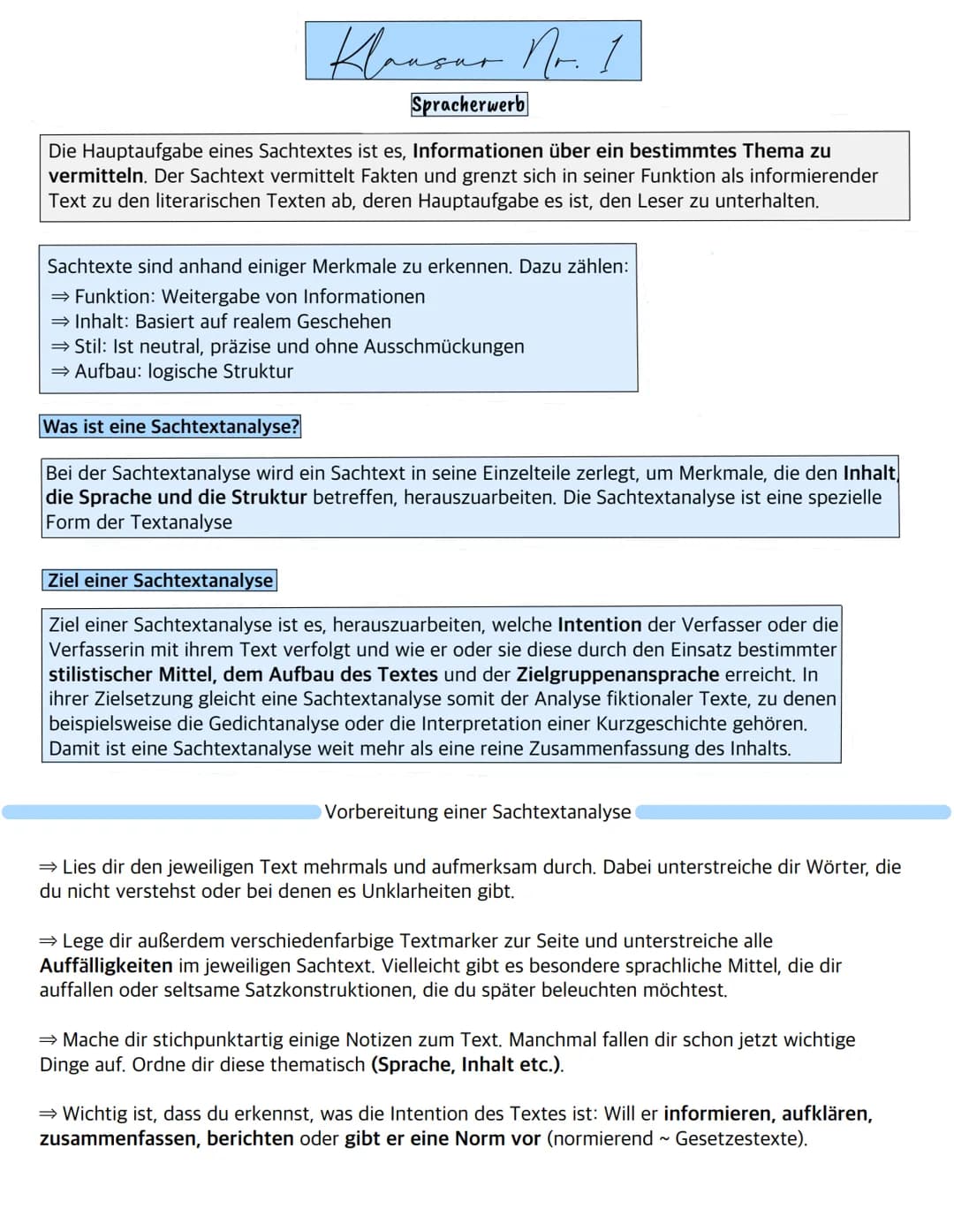 Какдан
Klausur Nr. 1
Spracherwerb
Die Hauptaufgabe eines Sachtextes ist es, Informationen über ein bestimmtes Thema zu
vermitteln. Der Sacht
