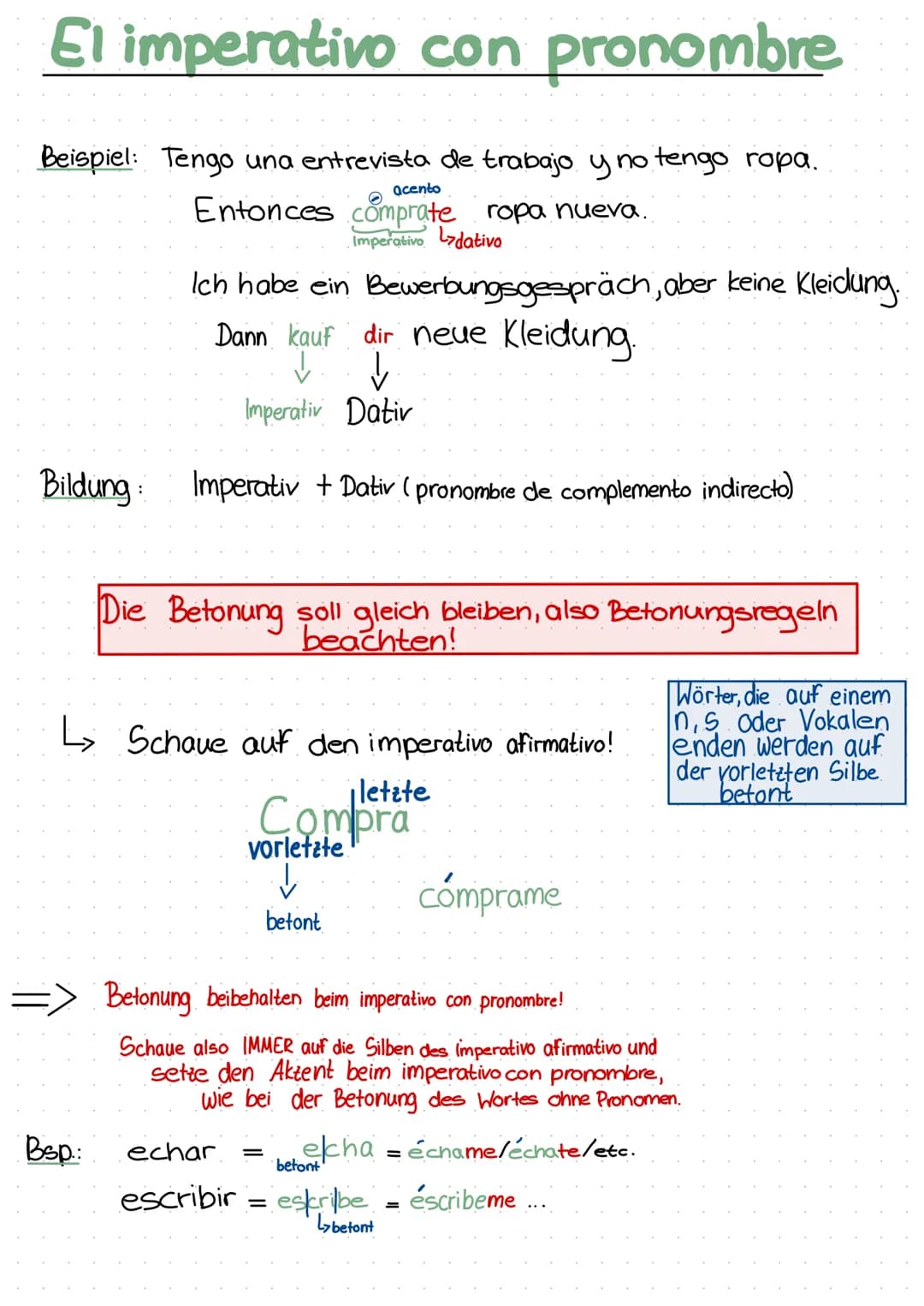El imperativo
Imperativ in der 2 Person Sg →> tú
->
Bildung: Wird wie die 3. Person Sg. des Präsens Indikativ gebildet
3 P. Sg. von leer
Inf