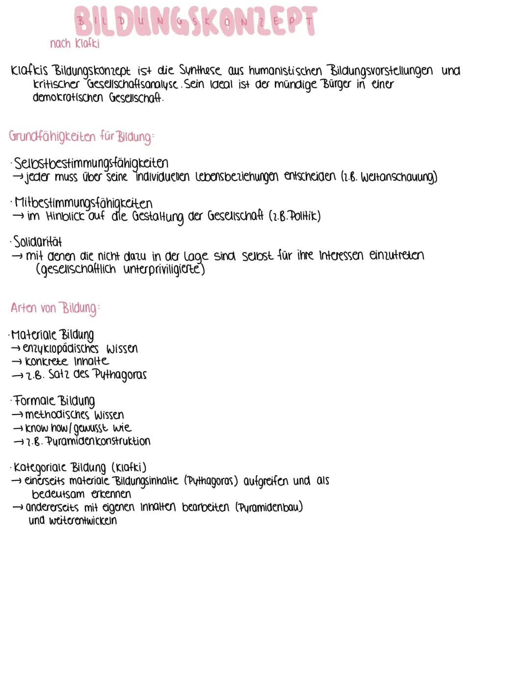 BILDUNGSKONZEPT
nach Klafki
Klafkis Bildungskonzept ist die Synthese aus humanistischen Bildungsvorstellungen und
kritischer Gesellschaftsan