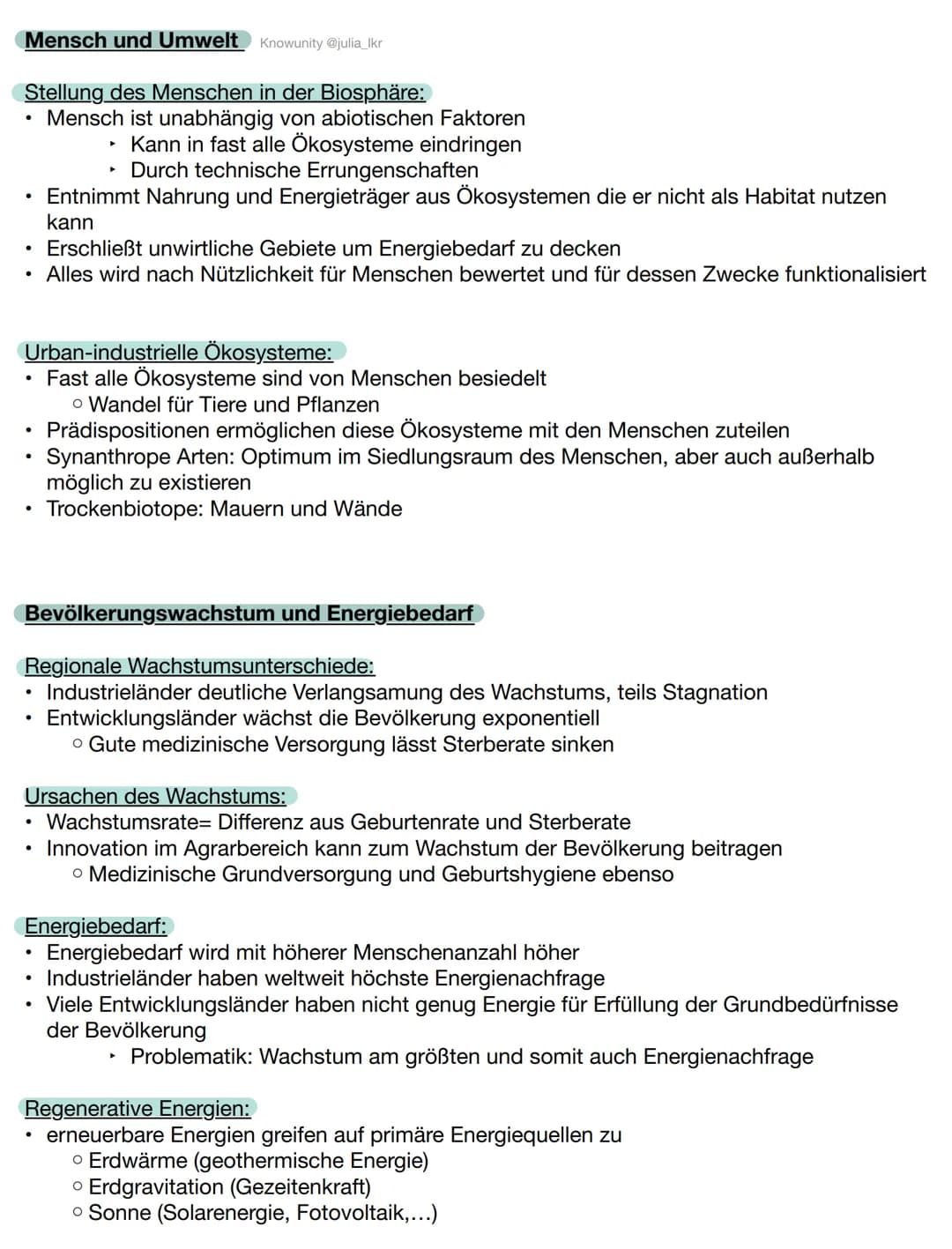 Mensch und Umwelt Knowunity @julia_lkr
Stellung des Menschen in der Biosphäre:
Mensch ist unabhängig von abiotischen Faktoren
Kann in fast a