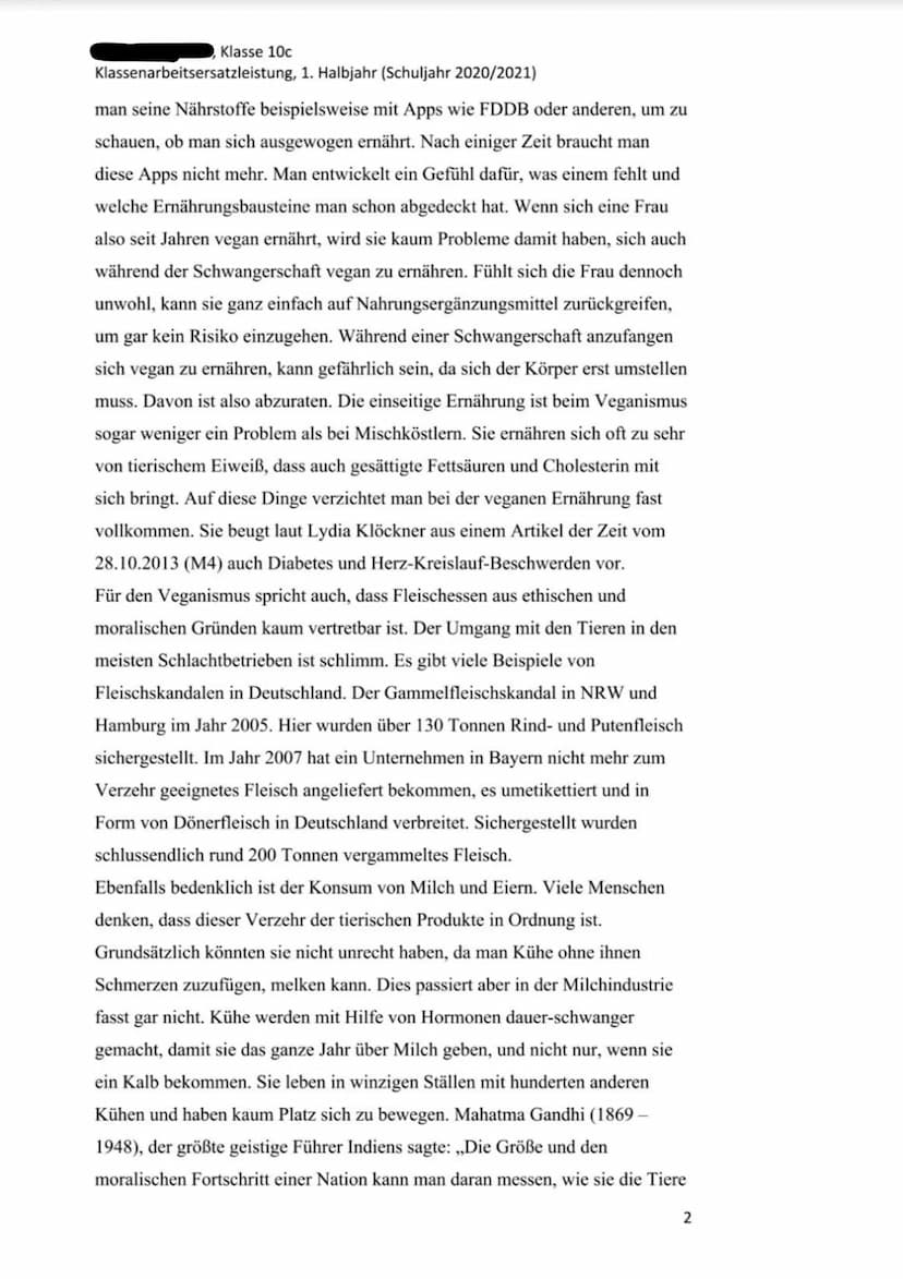 Klasse 10c
Klassenarbeitsersatzleistung, 1. Halbjahr (Schuljahr 2020/2021)
Fleischkonsum, Nein Danke!
,,Ich bin Veganer. Nein, ich esse kein