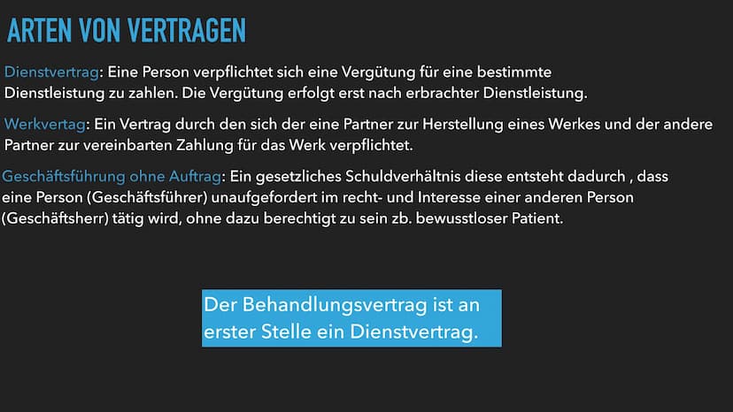 LERNGRUNDLAGE
ก
BEHANDLUNGSVERTRAG GLIEDERUNG
▸ Zustandekommen eines Behandlungsvertrag
► Arten von Verträgen
▶ Pflichten des Arztes
Pflicht