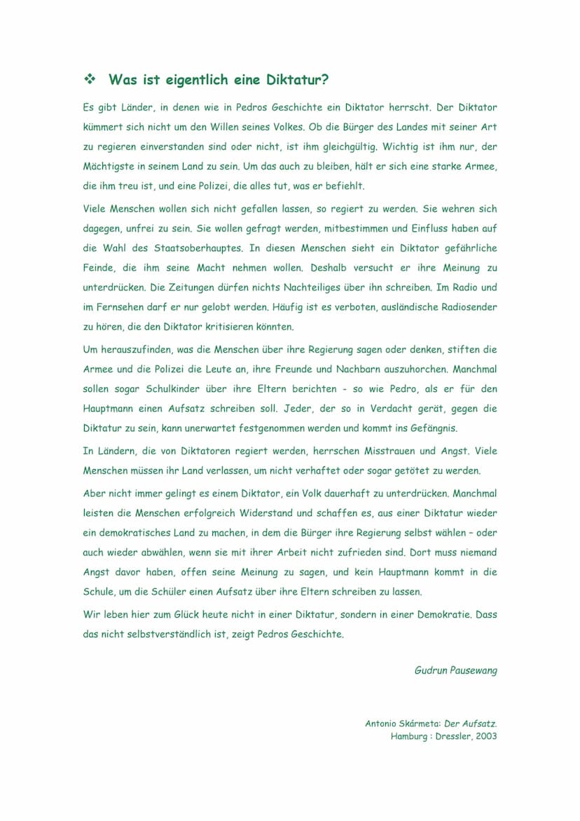 Der Aufsatz
Zum Geburtstag bekam Pedro einen Fußball geschenkt. Pedro maulte, weil er einen aus
weißem und schwarzem Leder wollte, so einen 