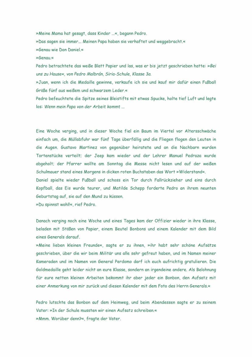 Der Aufsatz
Zum Geburtstag bekam Pedro einen Fußball geschenkt. Pedro maulte, weil er einen aus
weißem und schwarzem Leder wollte, so einen 