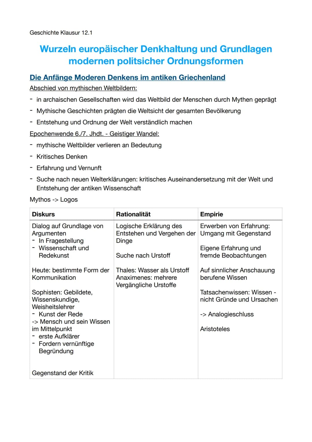 Geschichte Klausur 12.1
Wurzeln europäischer Denkhaltung und Grundlagen
modernen politsicher Ordnungsformen
Die Anfänge Moderen Denkens im a