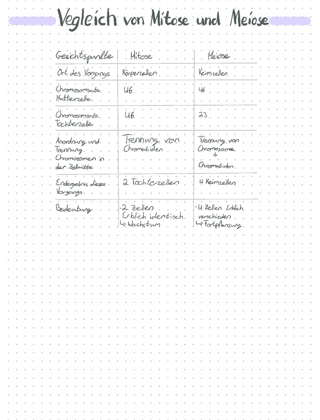 Vergleich von Mitose und Meiose 