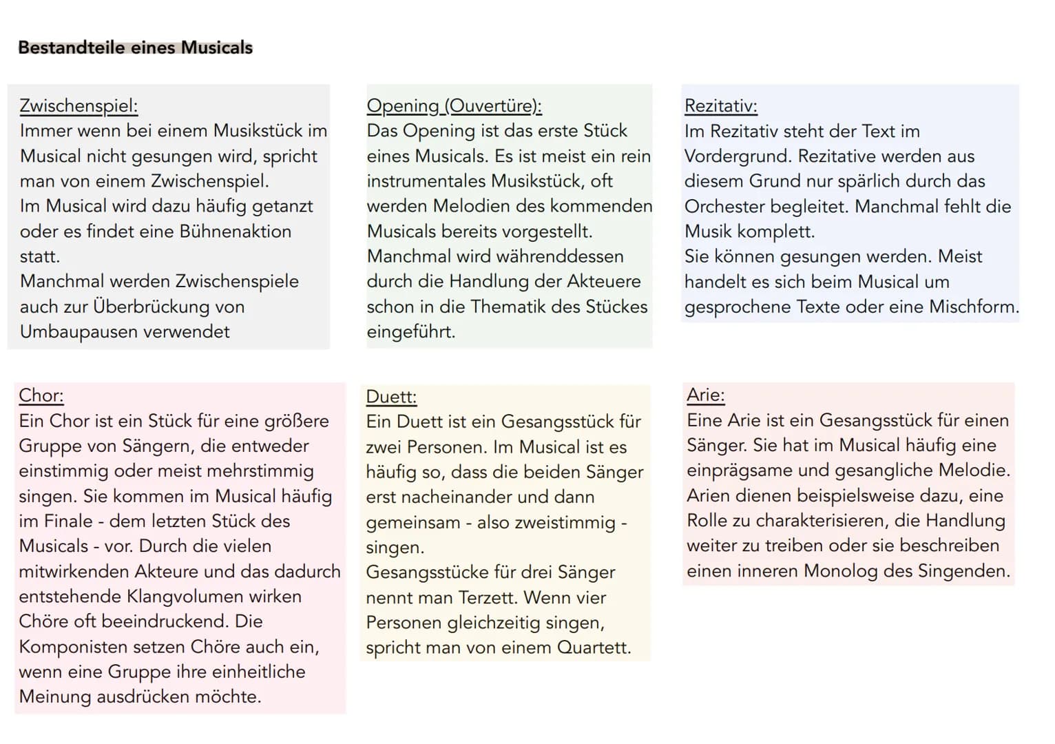Bestandteile eines Musicals
Zwischenspiel:
Immer wenn bei einem Musikstück im
Musical nicht gesungen wird, spricht
man von einem Zwischenspi