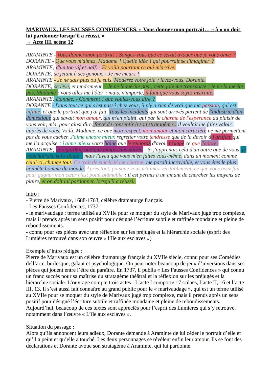 MARIVAUX, LES FAUSSES CONFIDENCES. << Vous donner mon portrait... » à « on doit
lui pardonner lorsqu'il a réussi. >>>
→ Acte III, scène 12

