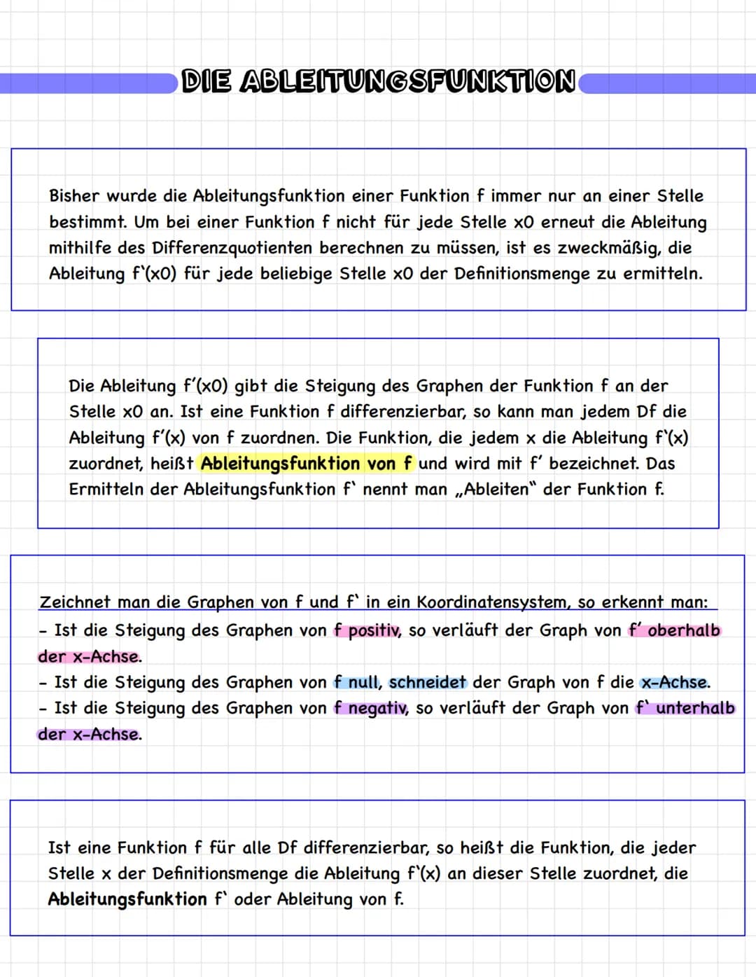 -
DIE ABLEITUNGSFUNKTION
Bisher wurde die Ableitungsfunktion einer Funktion f immer nur an einer Stelle
bestimmt. Um bei einer Funktion f ni