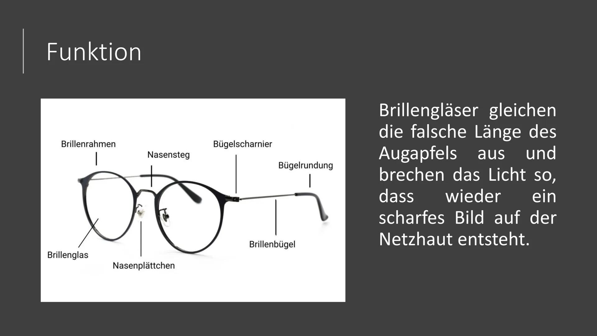 Präsentation
Die Brille
Zube Gliederung
1.
Geschichte
2. Arten von Brillen
3.
Fehlsichtigkeit
4.
5.
6. Quellen
Funktion der Brille
Dioptrien