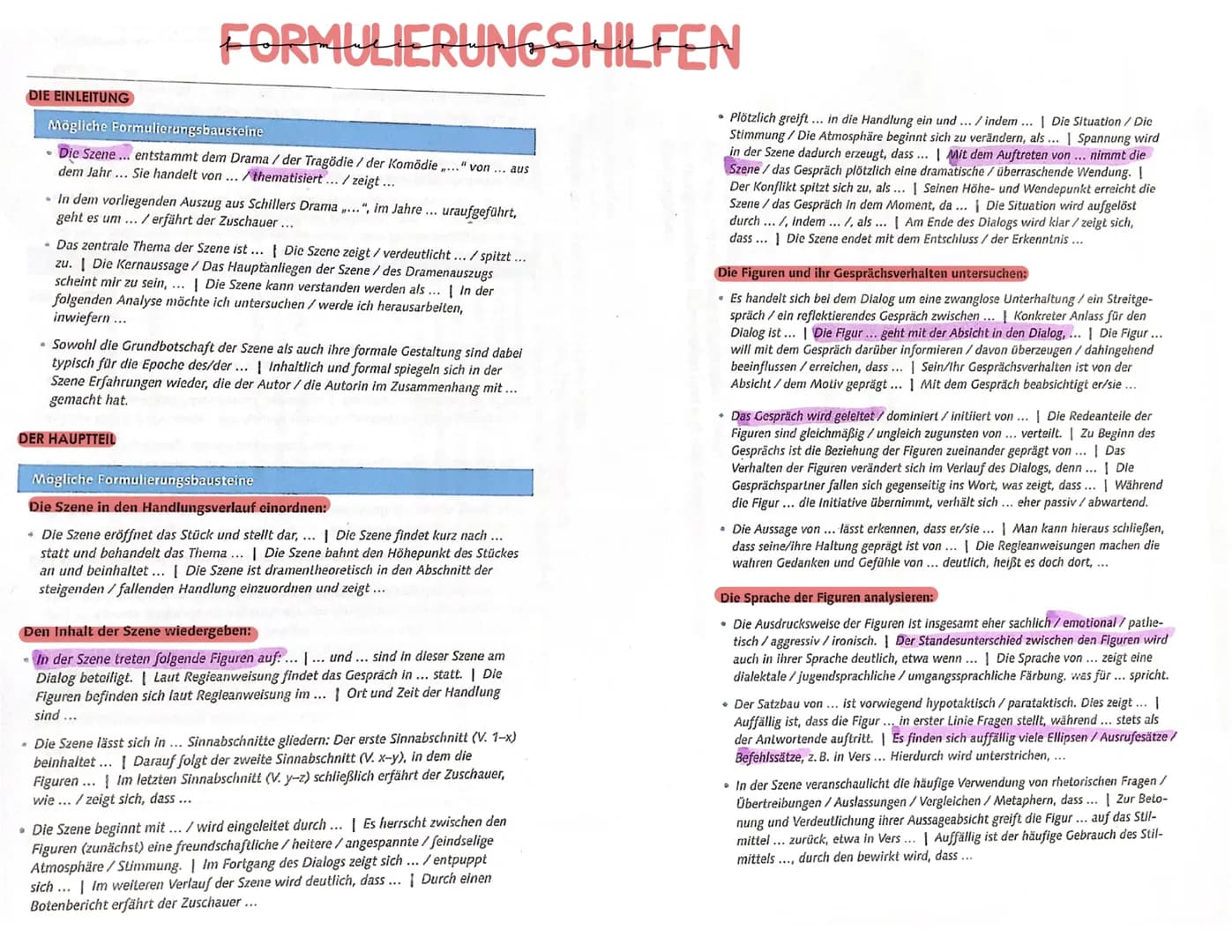 FORMULIERUNGSHILFEN
DIE EINLEITUNG
Mögliche Formulierungsbausteine
• Die Szene... entstammt dem Drama / der Tragödie / der Komödie..." von .