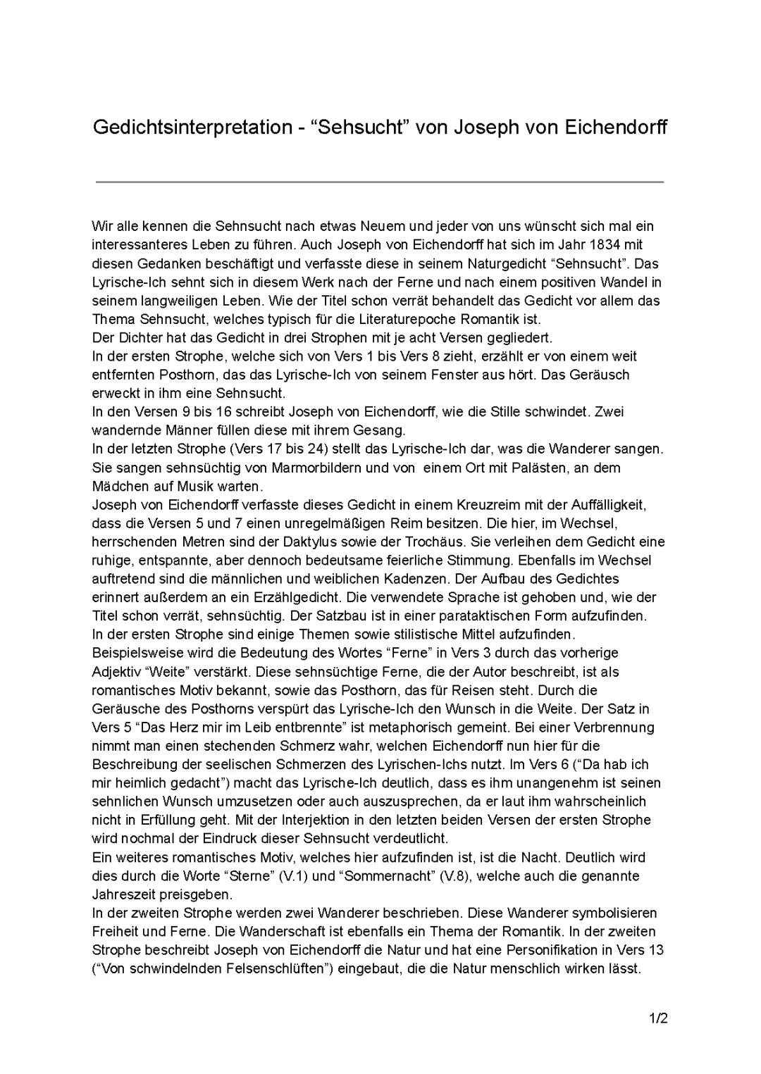Gedichtsinterpretation (14pkte.) "Sehnsucht" von Joseph von Eichendorff 