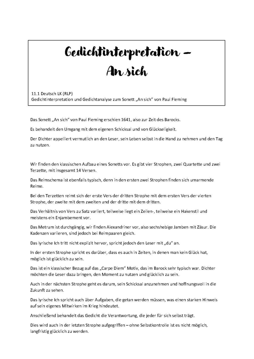 Gedichtinterpretation –  An sich