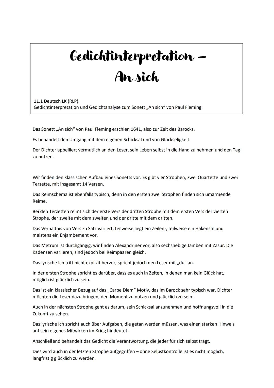 Gedichtinterpretation -
An sich
11.1 Deutsch LK (RLP)
Gedichtinterpretation und Gedichtanalyse zum Sonett ,,An sich" von Paul Fleming
Das So