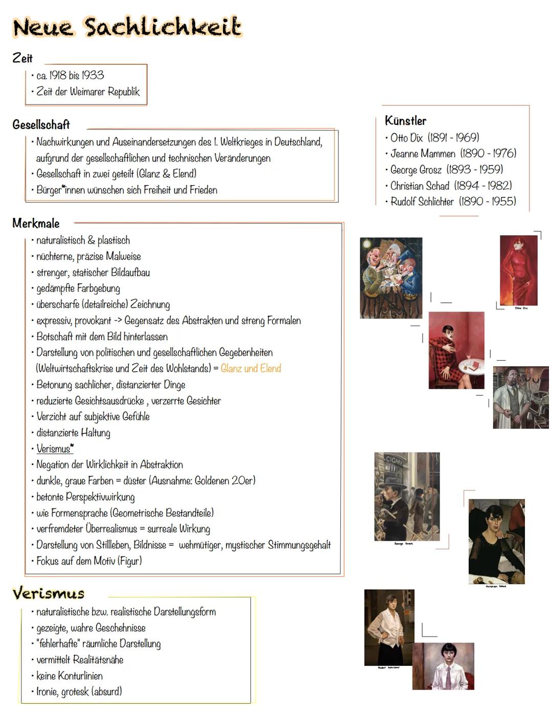 Kunst # Neue Sachlichkeit

Zeit

• ca. 1918 bis 1933

• Zeit der Weimarer Republik

Gesellschaft

• Nachwirkungen und Auseinandersetzungen d