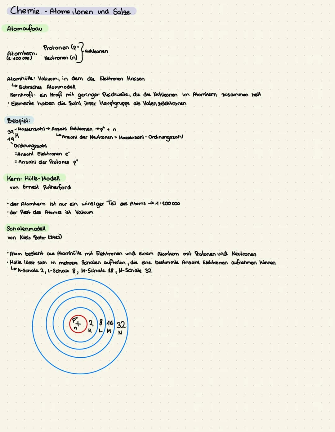 Chemie - Atome, lonen und Salze
Atomaufbau
Atomkern:
(1:100 000)
Protonen (p+
Neutronen (n)
Atomhülle: Vakuum, in dem die Elektronen Kreisen