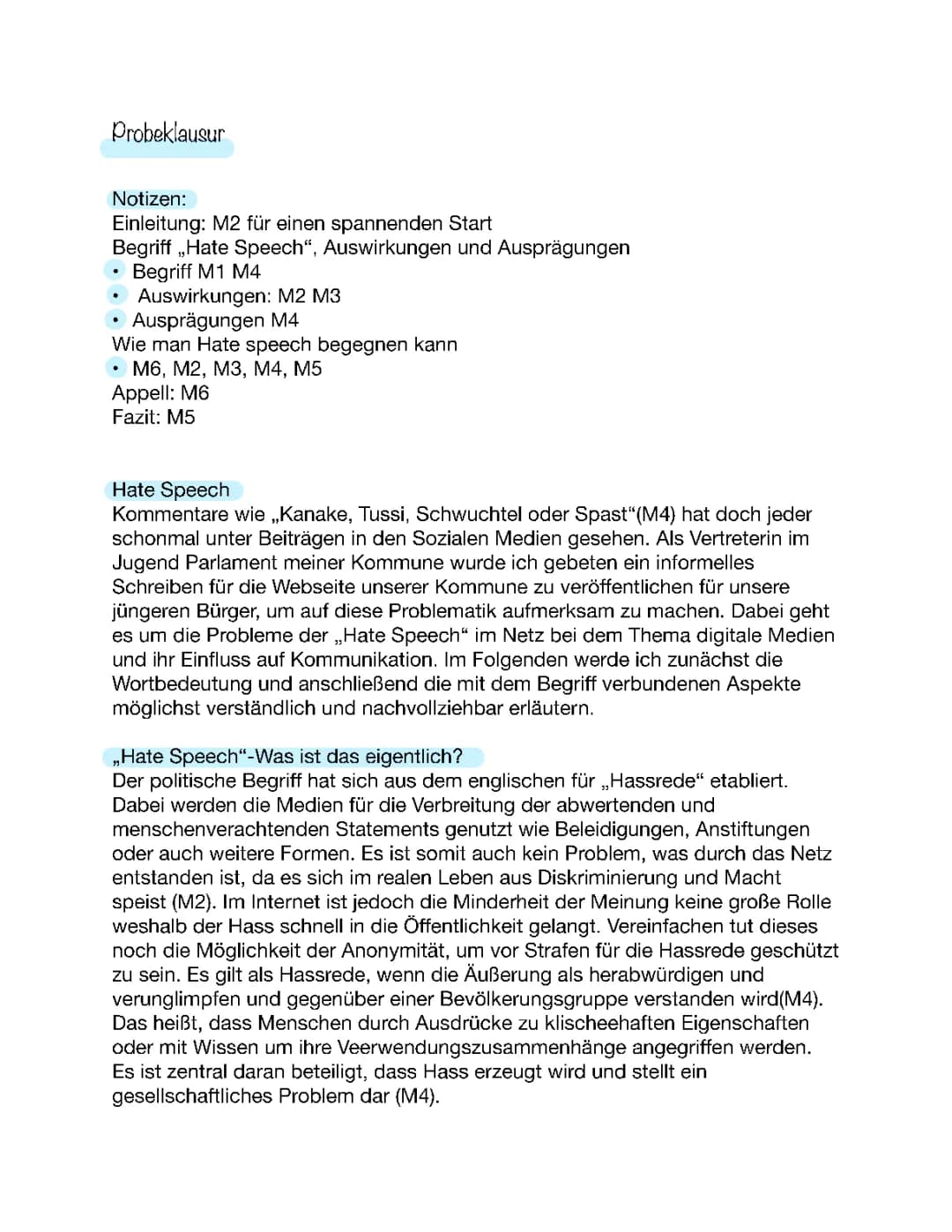 Hate-Speech Probeklausur materialgestütztes Schreiben