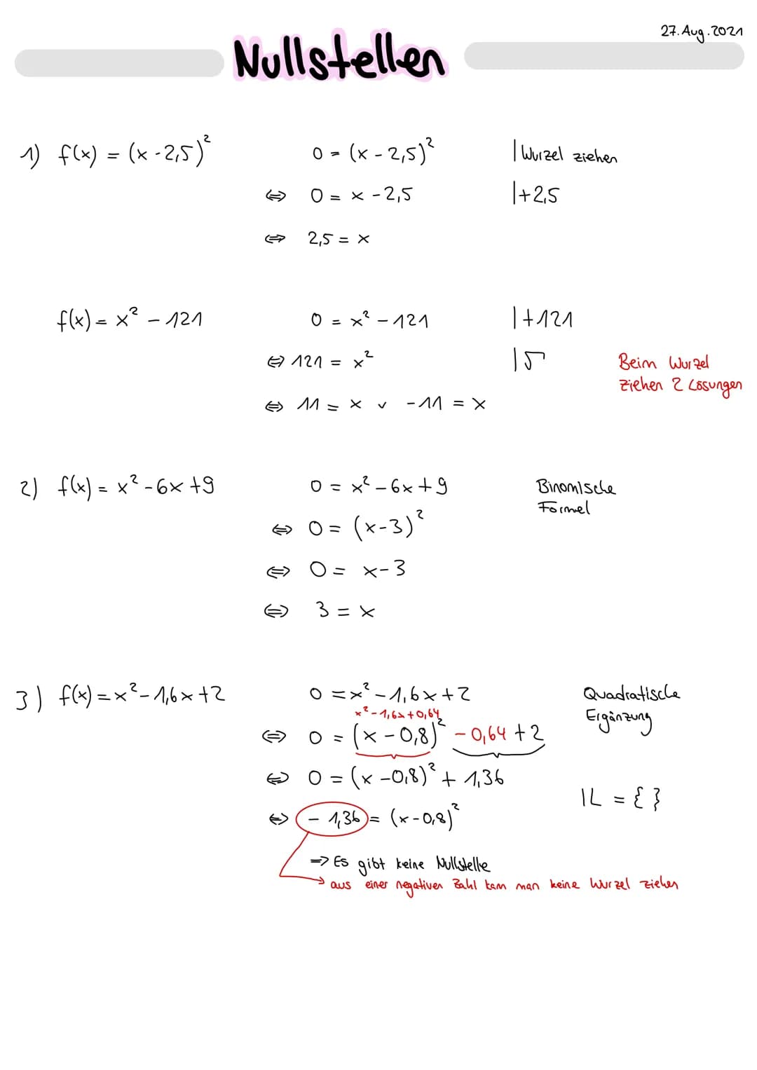 1) f(x) = (x-2,5) ²
f(x) = x² - 121
2) f(x) = x² - 6x +9
2
3) f(x)=x²-1,6x +2
Nullstellen
0=(x-2,5)²
0 = x -2,5
2,5 = x
↑
0=x²-121
€121= x²

