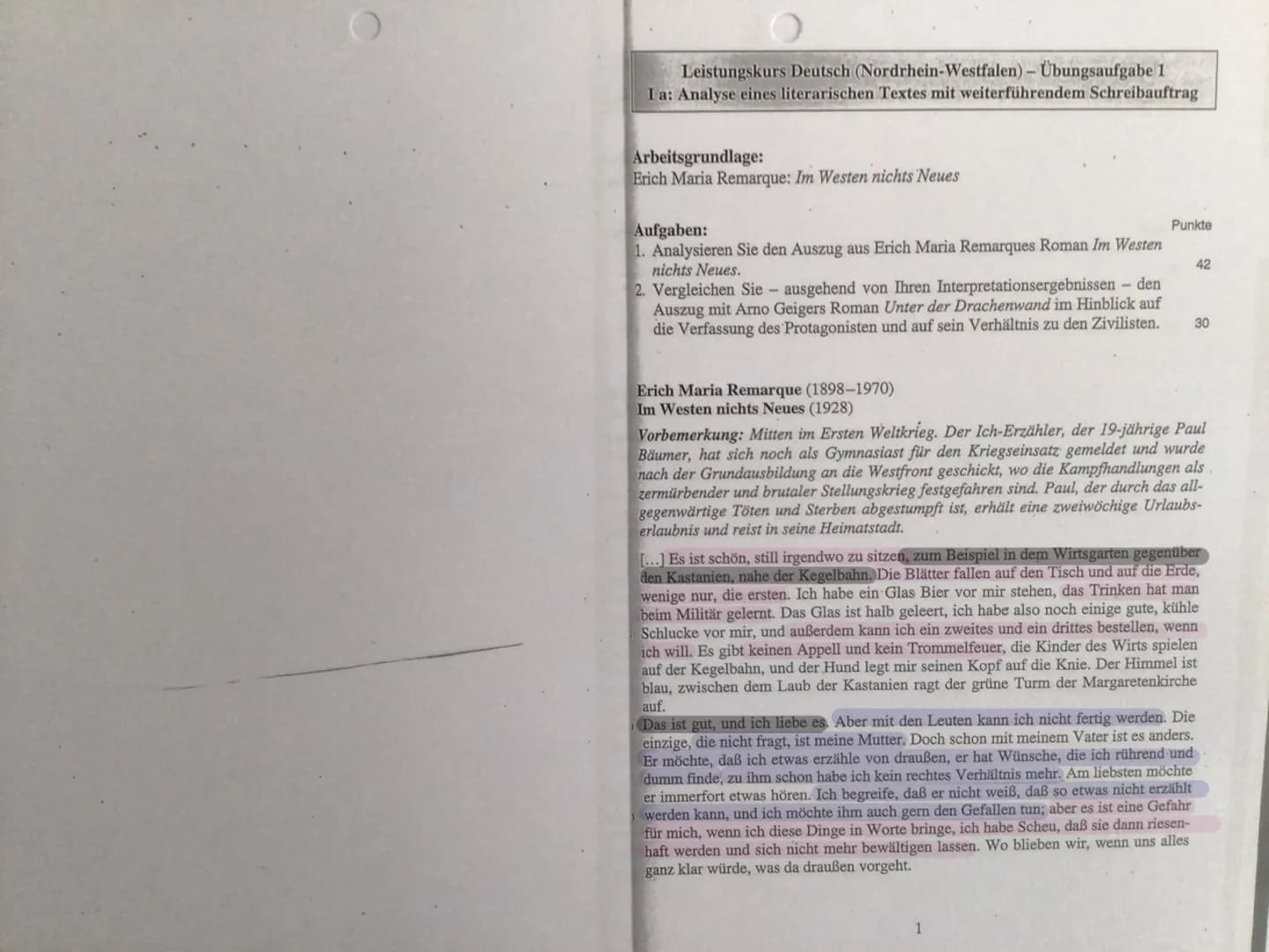 Leistungskurs Deutsch (Nordrhein-Westfalen) - Übungsaufgabe 1
I a: Analyse eines literarischen Textes mit weiterführendem Schreibauftrag
Arb