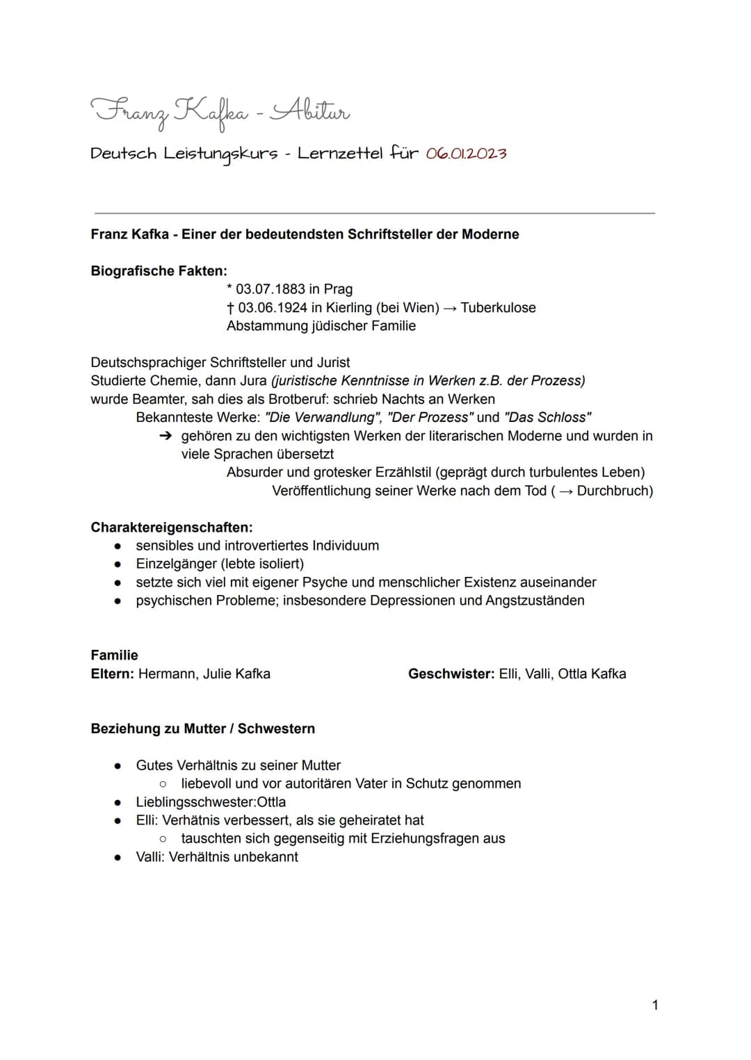 Franz Kafka - Abitur
Deutsch Leistungskurs - Lernzettel für 06.01.2023
Franz Kafka - Einer der bedeutendsten Schriftsteller der Moderne
Biog
