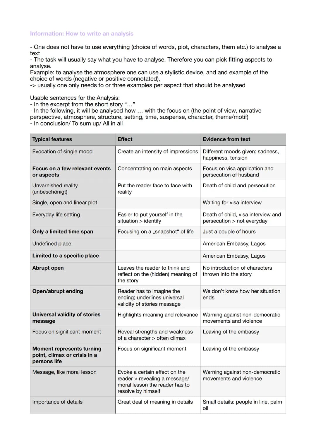 Information: How to write an analysis
- One does not have to use everything (choice of words, plot, characters, them etc.) to analyse a
text