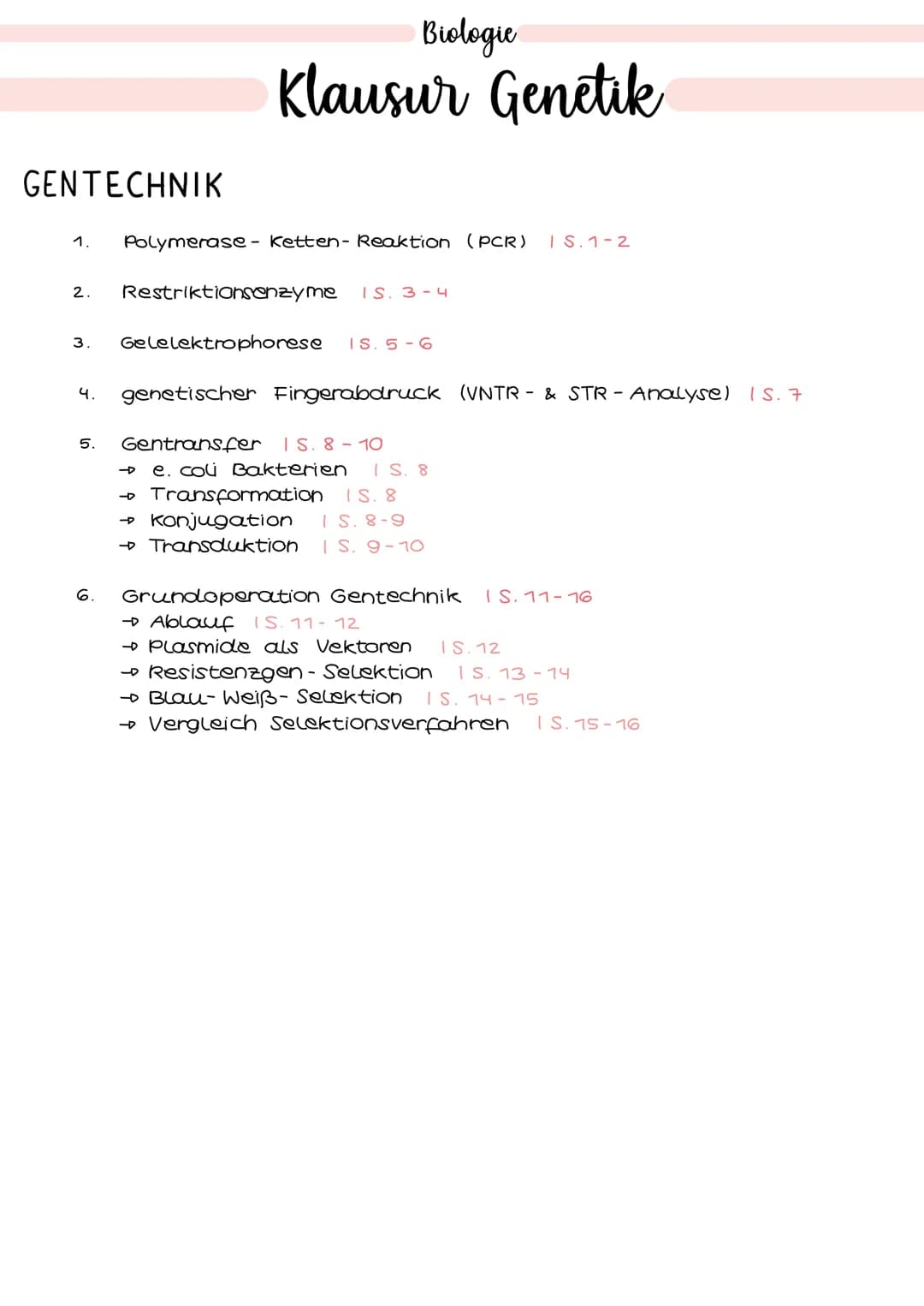 GENTECHNIK
Biologie
Klausur Genetik
1. Polymerase - Ketten- Reaktion (PCR) 15.1-2
2. Restriktionsenzyme IS. 3-4
3. Gelelektrophorese IS.5-6
