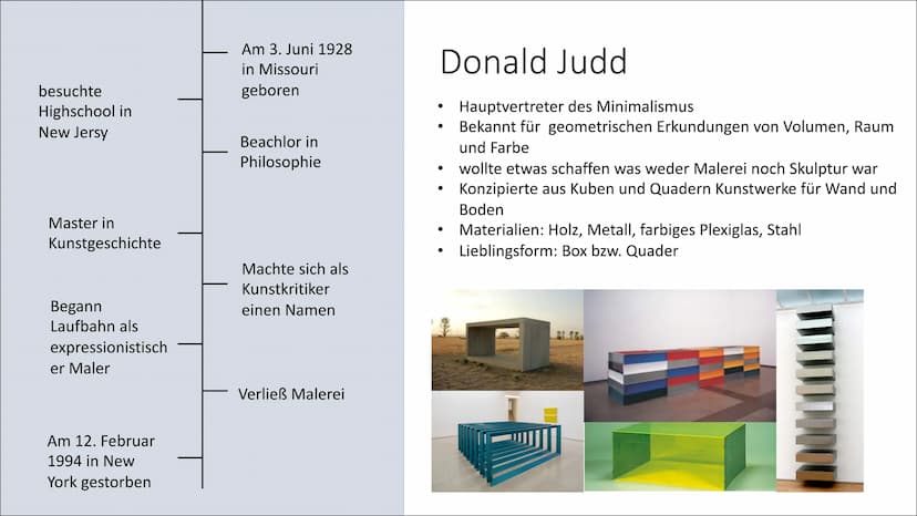 Minimalismus und
Konzeptkunst
Anka Mergenhagen Inhalt
• Was ist der Minimalismus?
• Was ist die Konzeptkunst?
• Sol LeWitt
●
Donald Judd
Geg