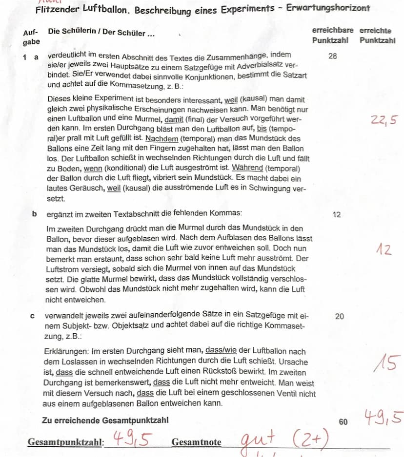 2. Klassenarbeit
Flitzender Luftballon-Beschreibung eines Experiments.
Al
· Dieses Lebeine Experiment ist besonders interessant, weil (Kansa