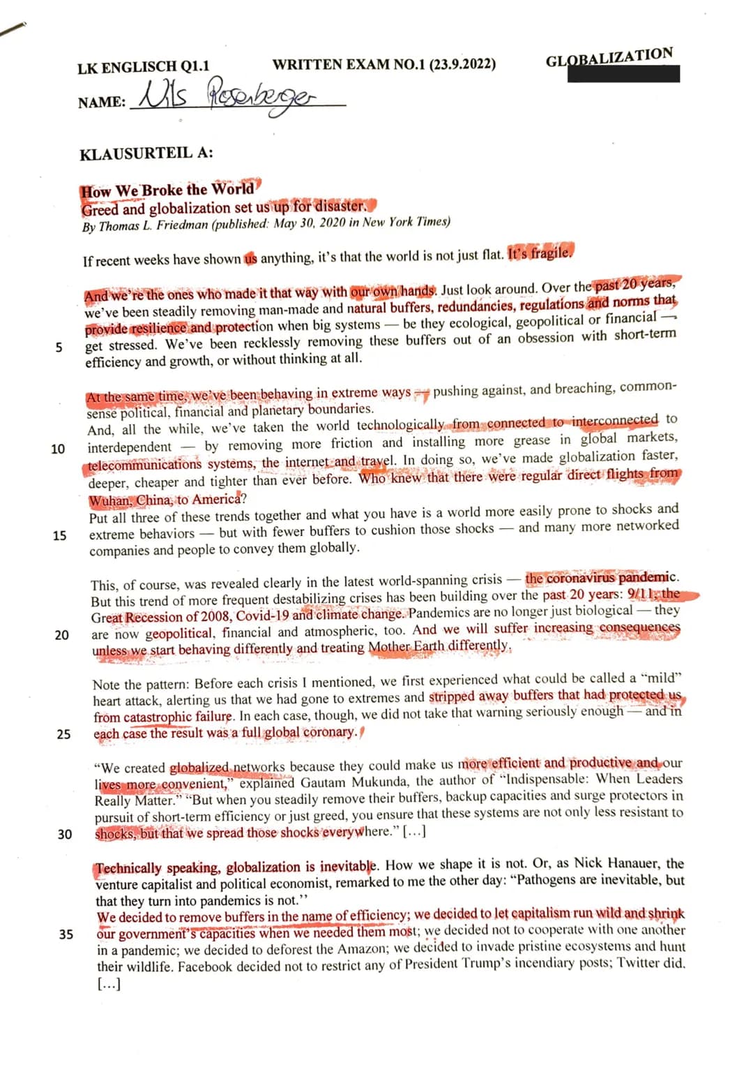 LK ENGLISCH Q1.1
NAME:
WRITTEN EXAM NO.1 (23.9.2022)
GLOBALIZATION
Nits
Resebege
5
10
10
15
20
25
30
35
KLAUSURTEIL A:
How We Broke the Worl