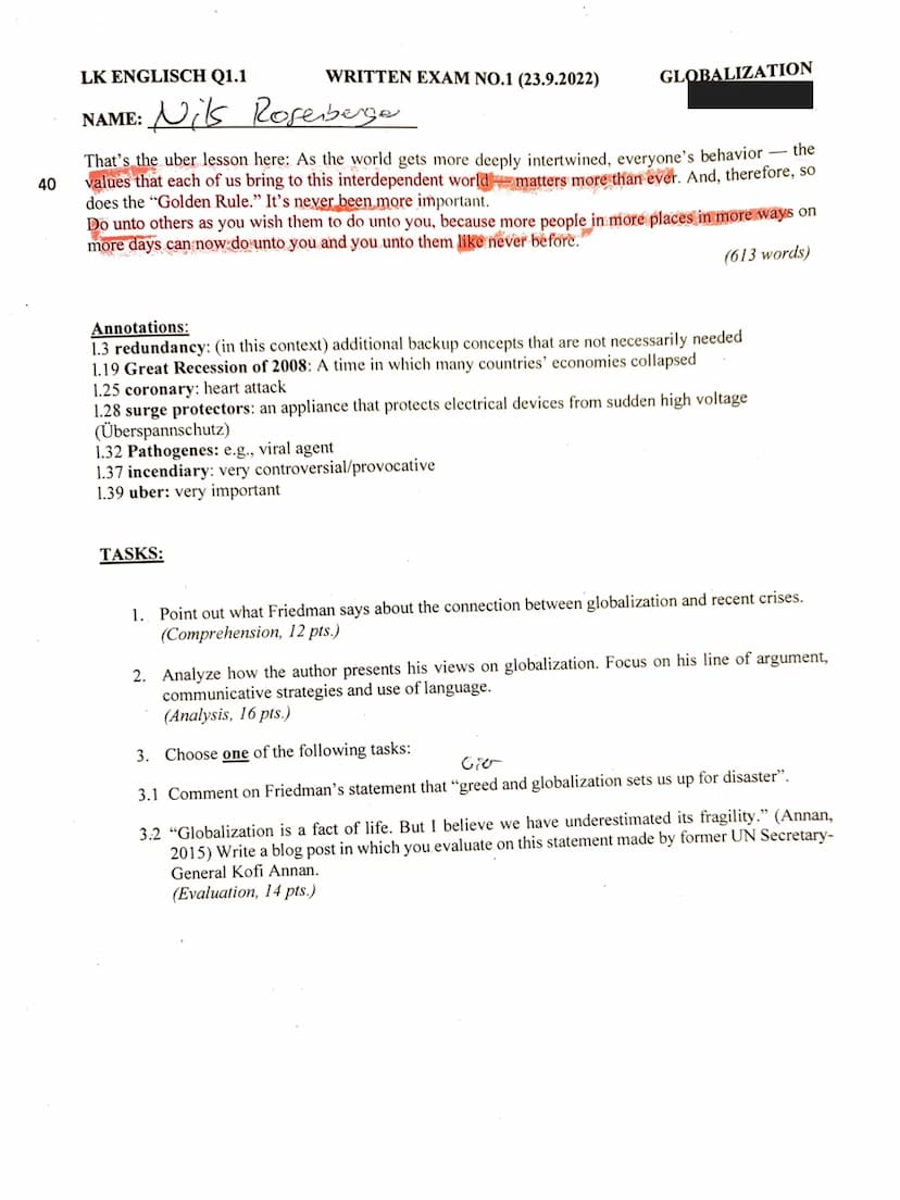 LK ENGLISCH Q1.1
NAME:
WRITTEN EXAM NO.1 (23.9.2022)
GLOBALIZATION
Nits
Resebege
5
10
10
15
20
25
30
35
KLAUSURTEIL A:
How We Broke the Worl