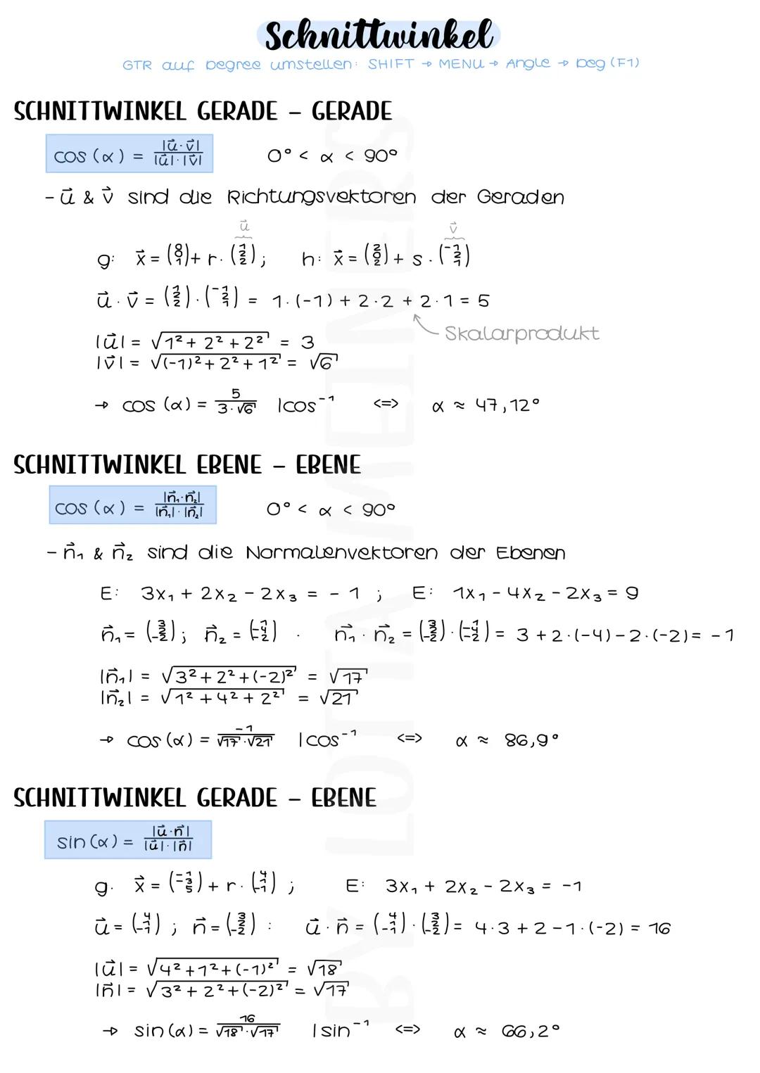 Schnittwinkel
GTR auf begree umstellen: SHIFT MENU → Angle → beg (F1)
SCHNITTWINKEL GERADE - GERADE
COS (x )
Iu-vl
= Túl. IVI
- ū & V sind d