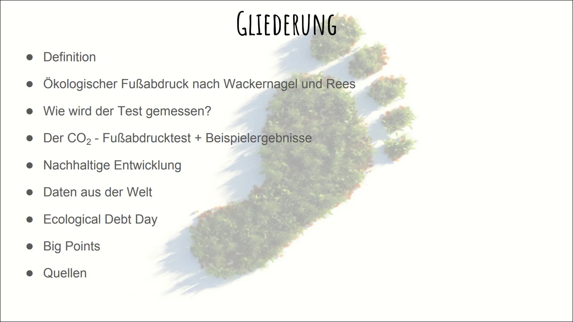 DER ÖKOLOGISCHE
FUBABDRUCK GLIEDERUNG
Definition
• Ökologischer Fußabdruck nach Wackernagel und Rees
• Wie wird der Test gemessen?
Der CO₂ -