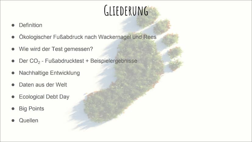 DER ÖKOLOGISCHE
FUBABDRUCK GLIEDERUNG
Definition
• Ökologischer Fußabdruck nach Wackernagel und Rees
• Wie wird der Test gemessen?
Der CO₂ -
