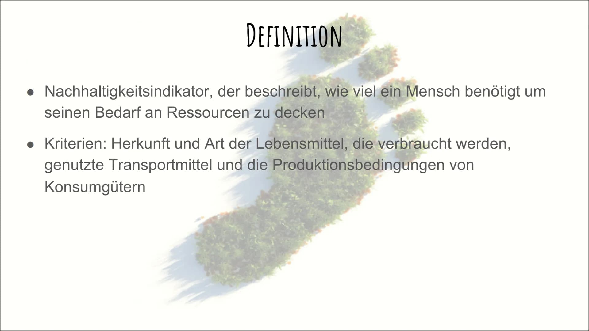 DER ÖKOLOGISCHE
FUBABDRUCK GLIEDERUNG
Definition
• Ökologischer Fußabdruck nach Wackernagel und Rees
• Wie wird der Test gemessen?
Der CO₂ -