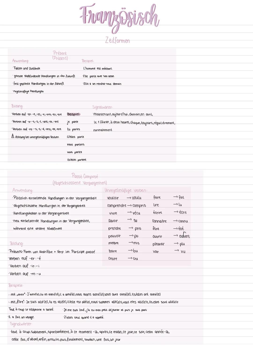 Anwendung:
Fakten und Zustände
Présent
(Präsens)
gerade stattfindende Handlungen in der Zukunft
fest geplante Handlungen in der Zukunft
rege