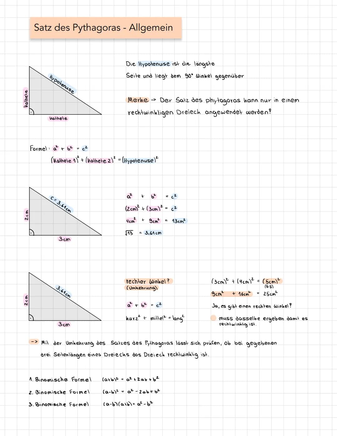 Kathete
2cm
2cm
Satz des Pythagoras - Allgemein
Hypotenuse
A
Kathete
Formel: a² +6² = c²
C = 3,61 cm
(Kathete 1)² + (hathete 2)² = (Hypotenu