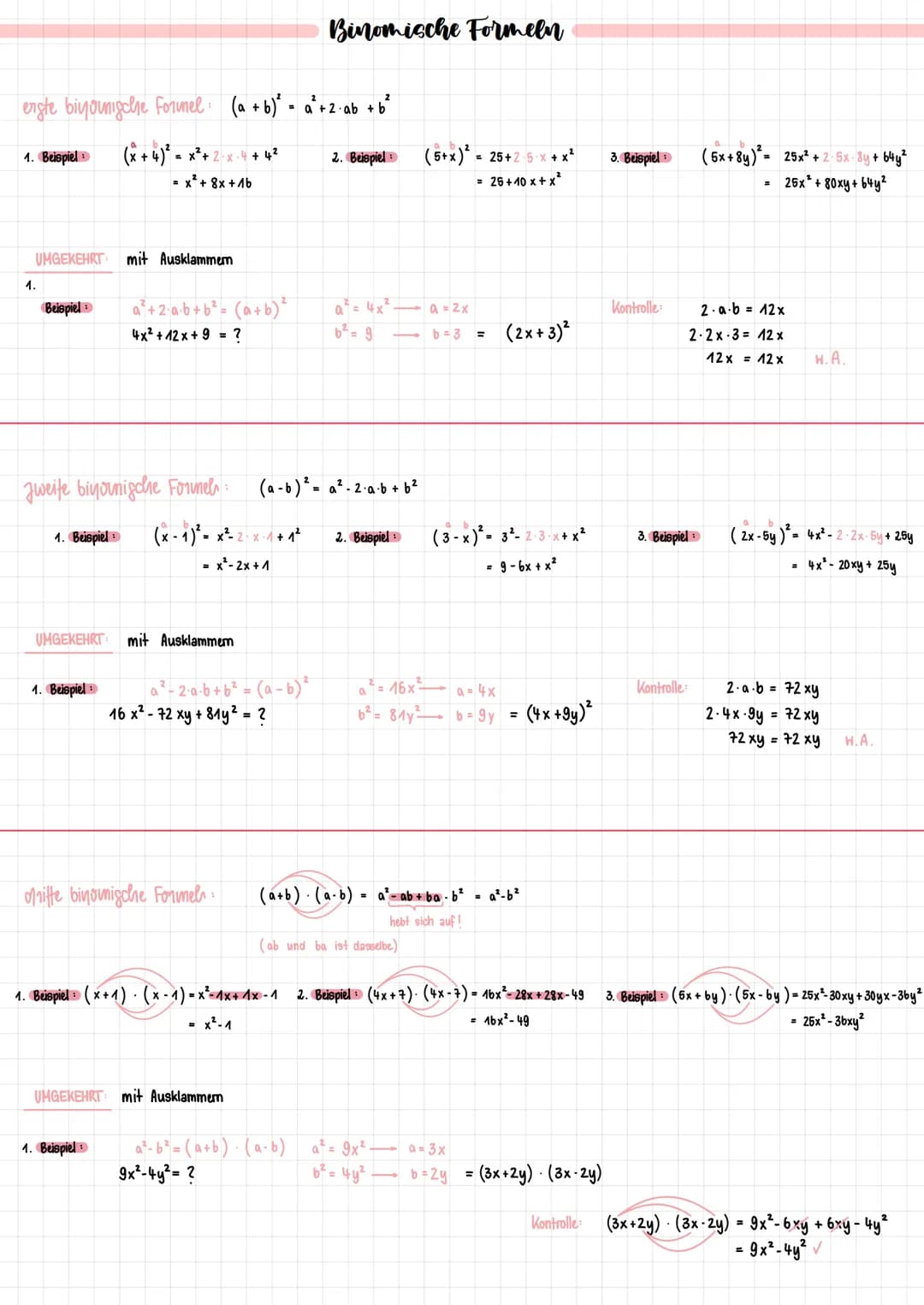 erste biyounische Formel: (a + b)² = a² +2·ab + b²
1. Beispiel: (x + 4)² = x²+2-x-4 + 4²
= x² + 8x + 1b
UMGEKEHRT mit Ausklammern
1.
Beispie