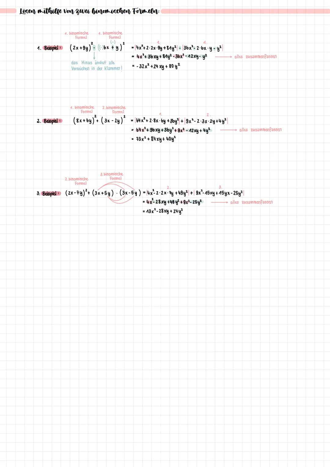 erste biyounische Formel: (a + b)² = a² +2·ab + b²
1. Beispiel: (x + 4)² = x²+2-x-4 + 4²
= x² + 8x + 1b
UMGEKEHRT mit Ausklammern
1.
Beispie
