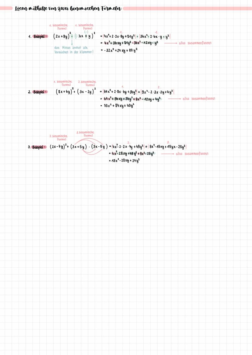 erste biyounische Formel: (a + b)² = a² +2·ab + b²
1. Beispiel: (x + 4)² = x²+2-x-4 + 4²
= x² + 8x + 1b
UMGEKEHRT mit Ausklammern
1.
Beispie